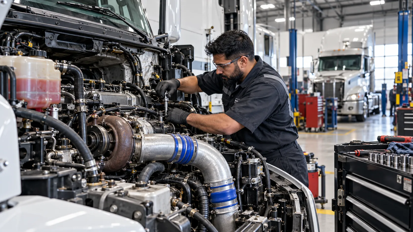 Heavy-duty diesel engine repair in a Brampton truck shop